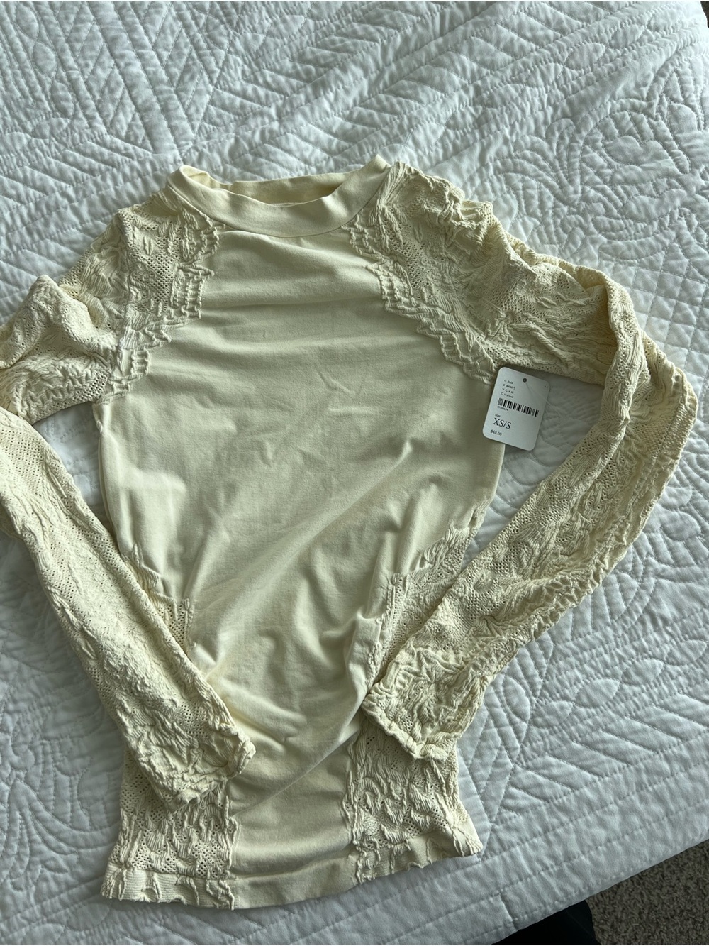 Free People Cream Lace Long Sleeve Tee